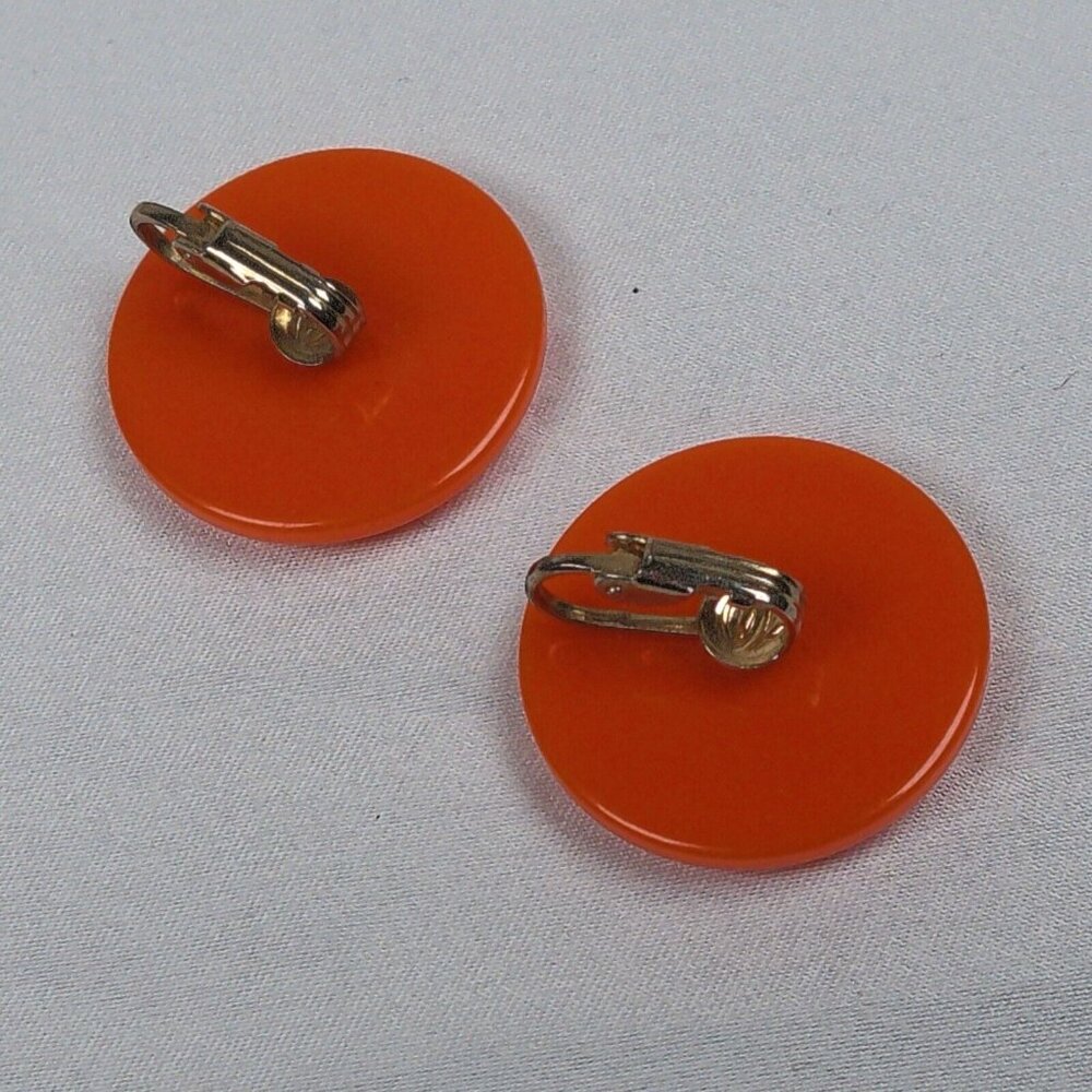 Orange Round Large Disc Clip On Earrings Plastic Vintage 70s 80s 1" Diameter - Picture 4 of 5